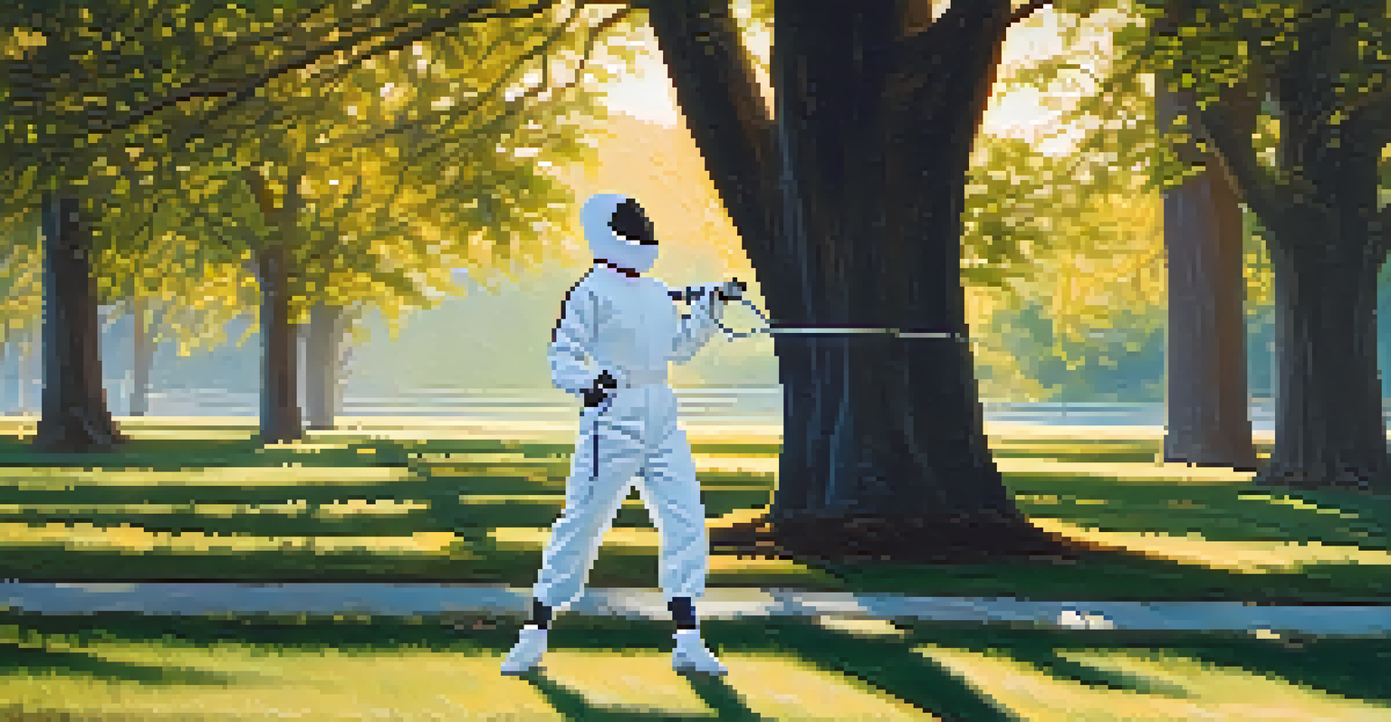 A fencer practicing lunges in a park at golden hour, surrounded by trees and soft grass under warm sunlight.