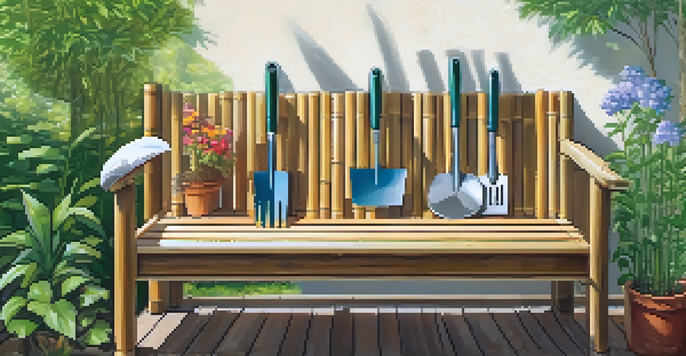 A peaceful garden with eco-friendly gardening tools made of bamboo and recycled metals on a wooden bench, surrounded by colorful flowers and greenery under soft sunlight.