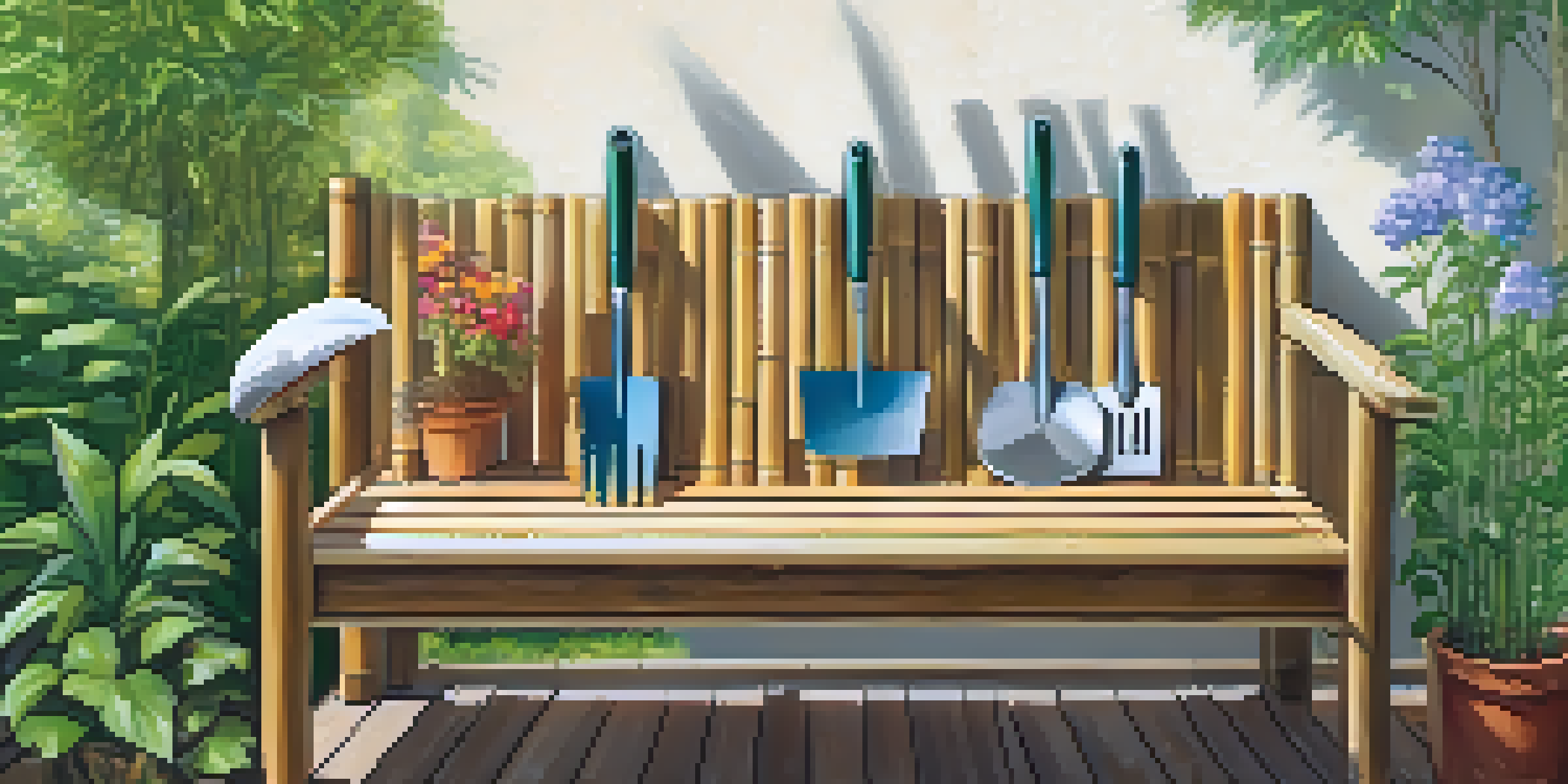 A peaceful garden with eco-friendly gardening tools made of bamboo and recycled metals on a wooden bench, surrounded by colorful flowers and greenery under soft sunlight.