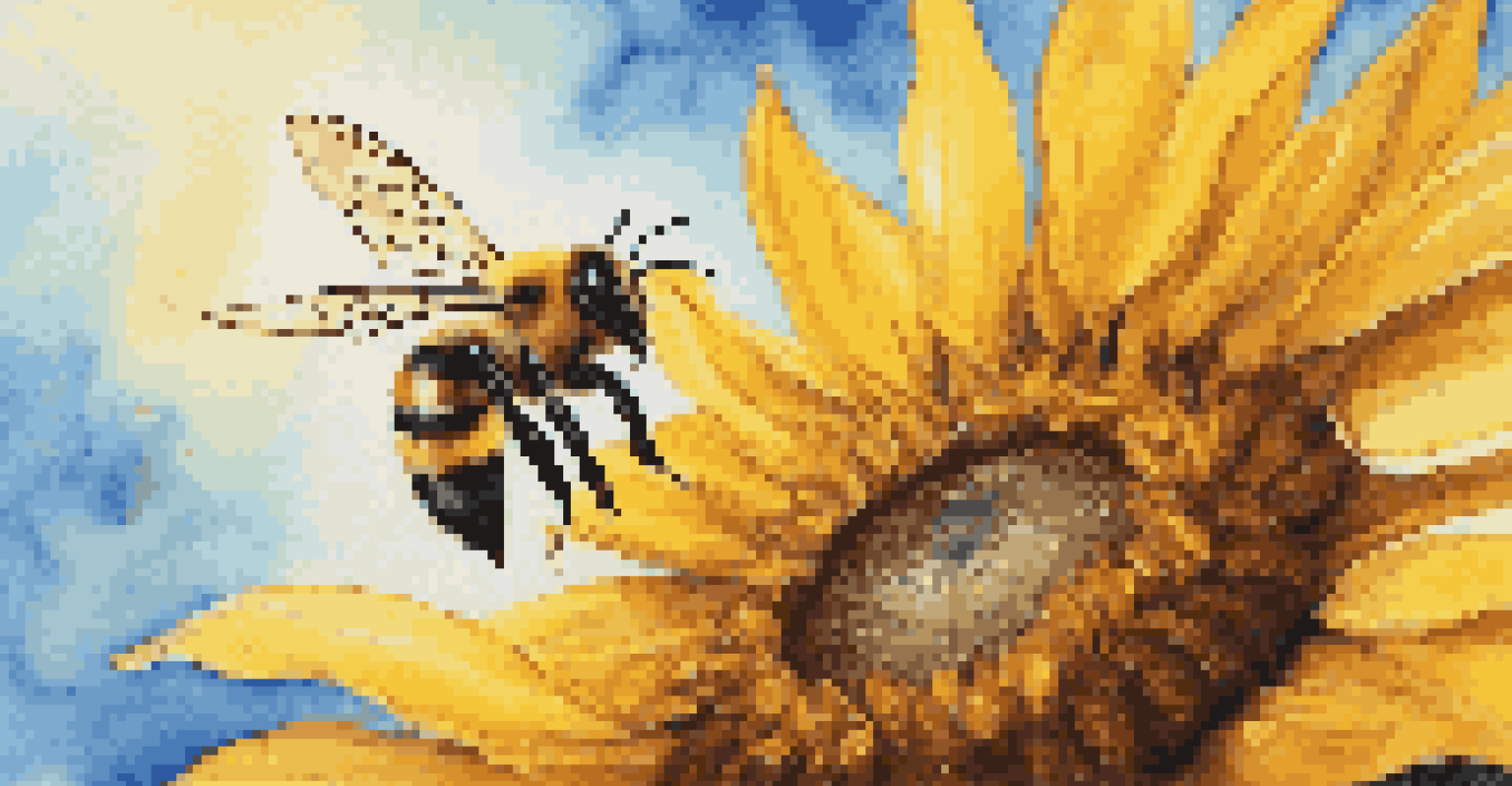 A close-up view of a bee hovering over a sunflower with soft-focus flowers in the background.