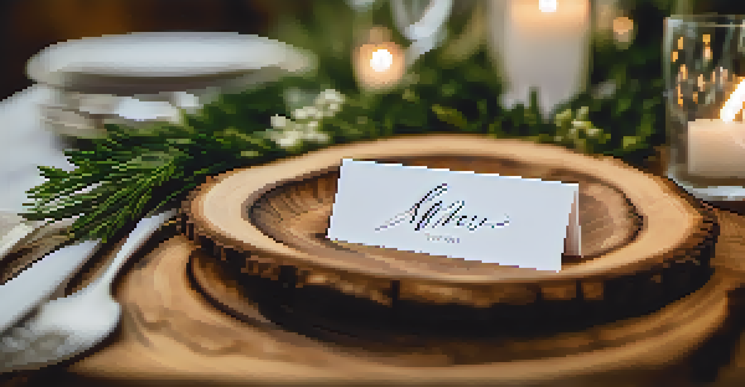A wood slice place card with graceful calligraphy on a beautifully arranged dining table.