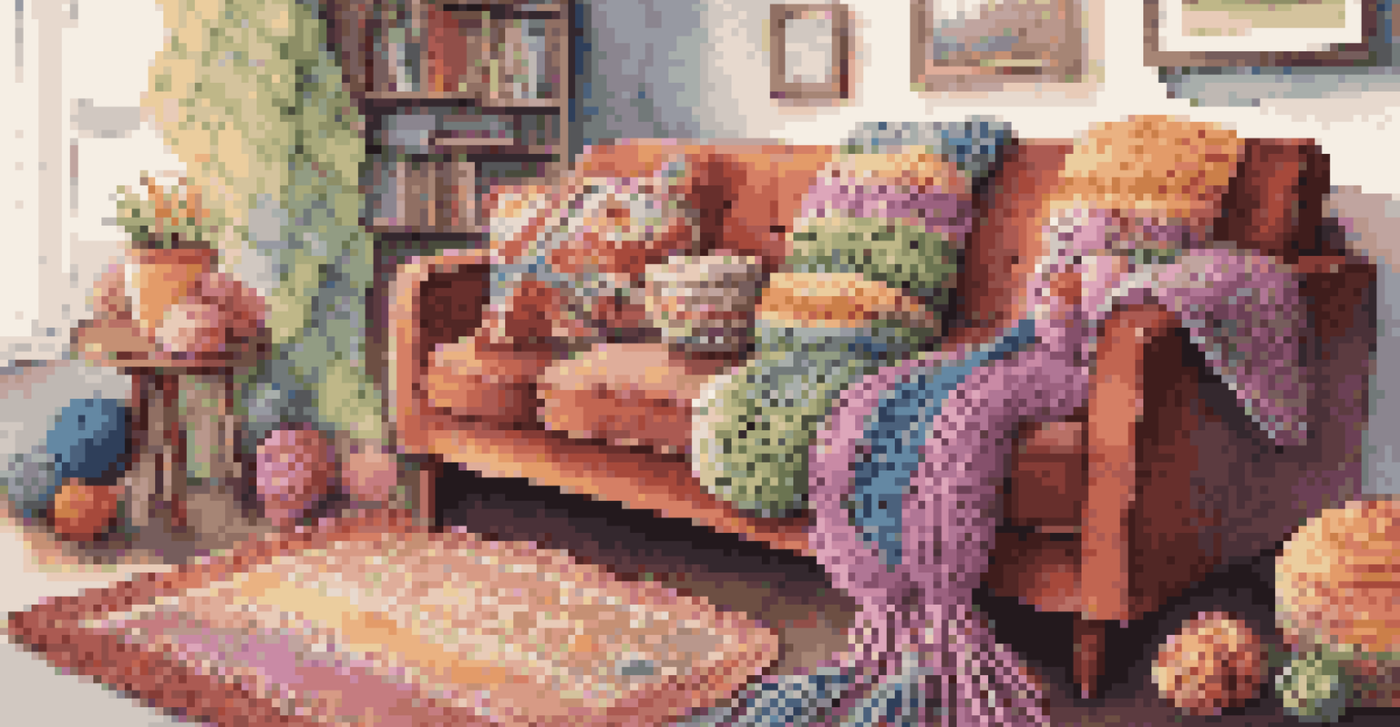 An assortment of colorful completed crochet projects on a couch, including a scarf, blanket, and toy, in a warm and inviting living room setting.