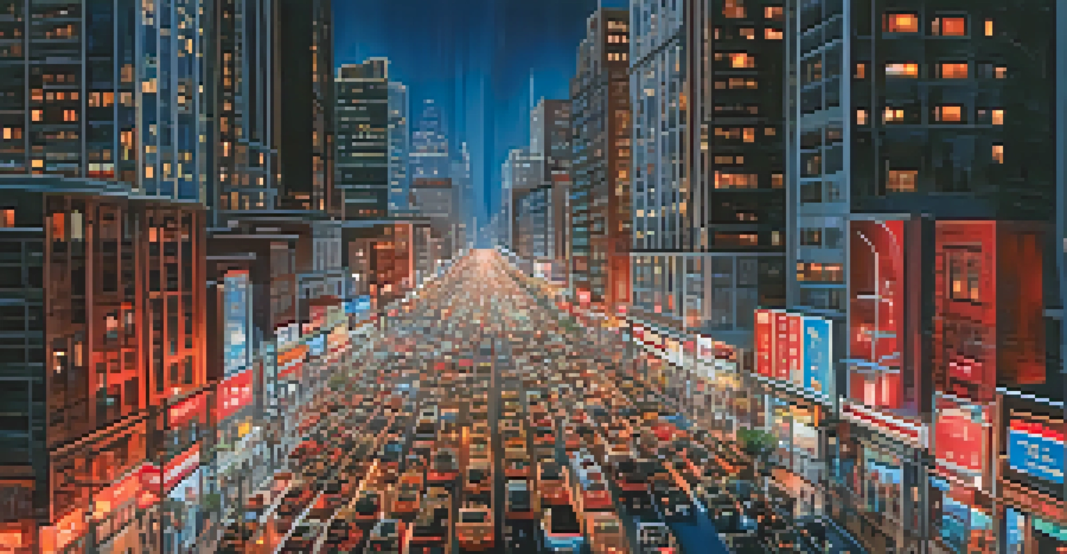 A vibrant urban cityscape at night with busy streets and colorful lights from skyscrapers, capturing the energy of the city.