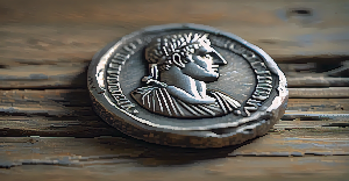 A close-up view of an ancient Roman denarius coin with intricate details, resting on a wooden table.