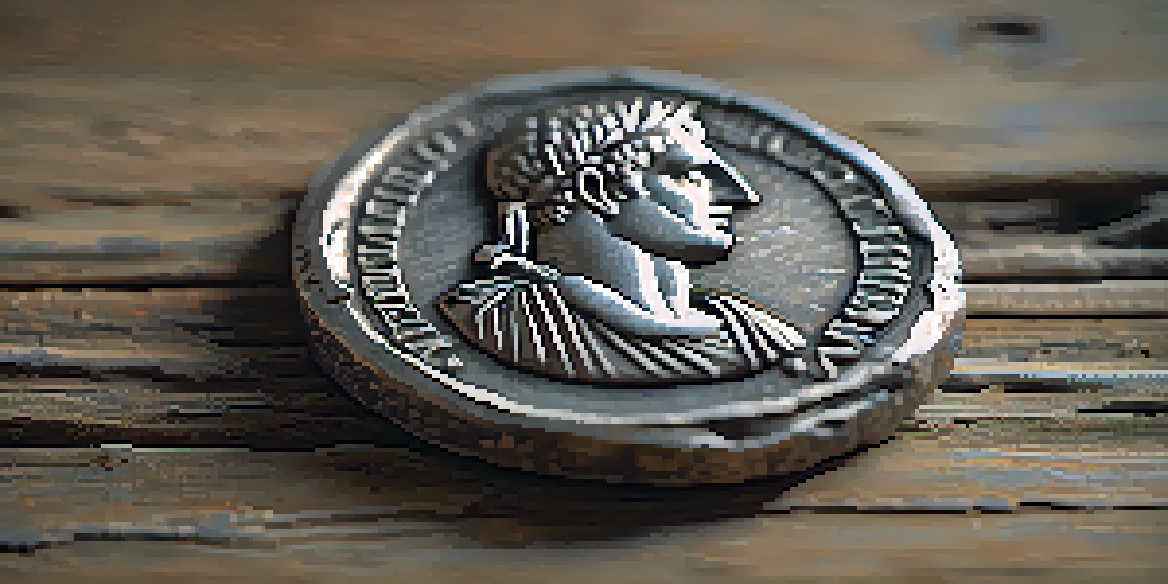 A close-up view of an ancient Roman denarius coin with intricate details, resting on a wooden table.