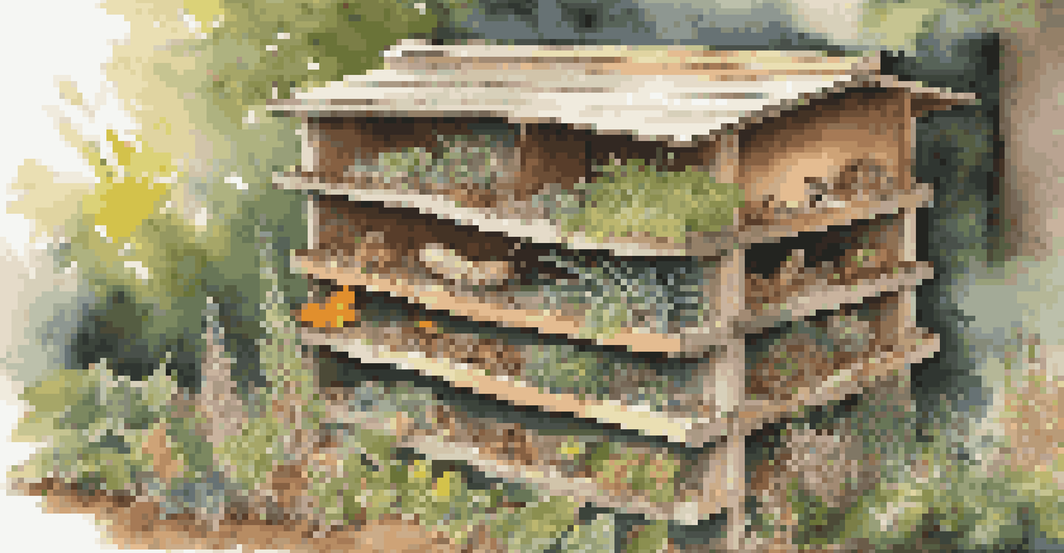 An insect hotel made from natural materials, set in a colorful garden with flowers and herbs.