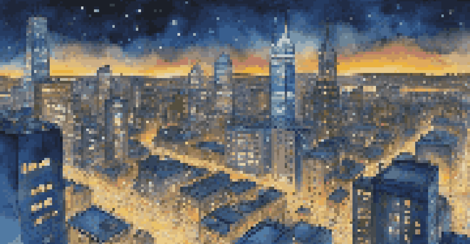 A nighttime aerial view of a vibrant city filled with lights, showcasing skyscrapers and busy streets, with a text overlay about city adventures.