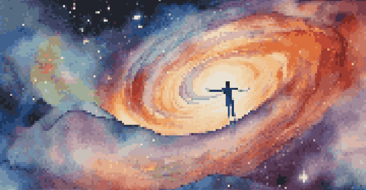 A person floating above their physical body against a vibrant cosmic background filled with stars and nebulae.