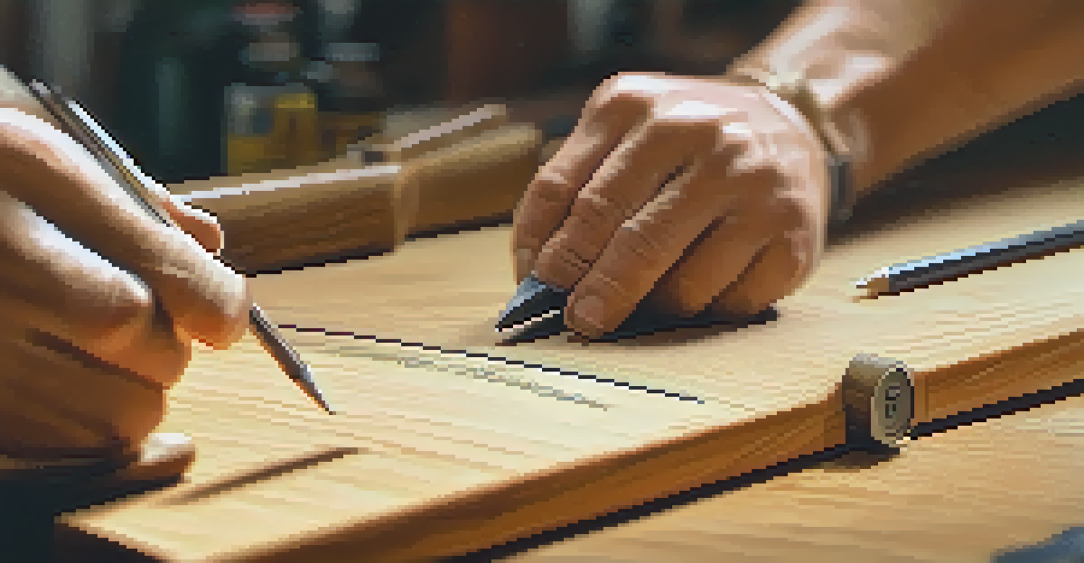 A close-up of hands measuring oak wood with a pencil and measuring tape in a well-organized woodworking workspace.