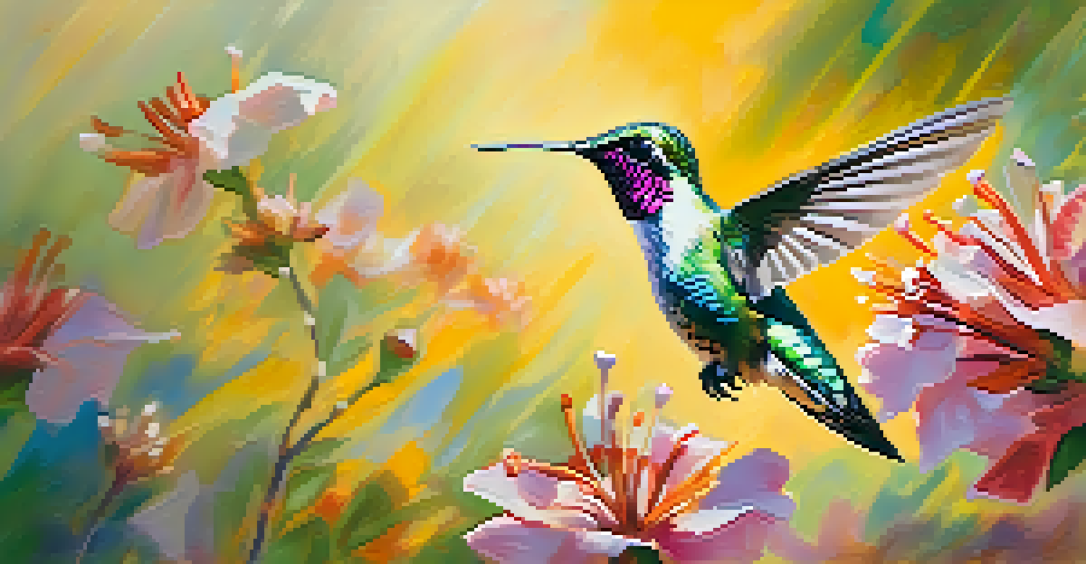 A hummingbird flying amidst colorful flowers, showcasing its iridescent feathers and the vibrant blooms in the foreground.