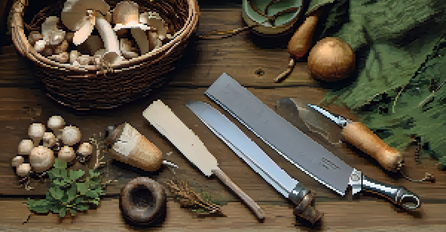 An organized display of foraging tools on a wooden table, including a knife, gloves, a basket, and a field guide.