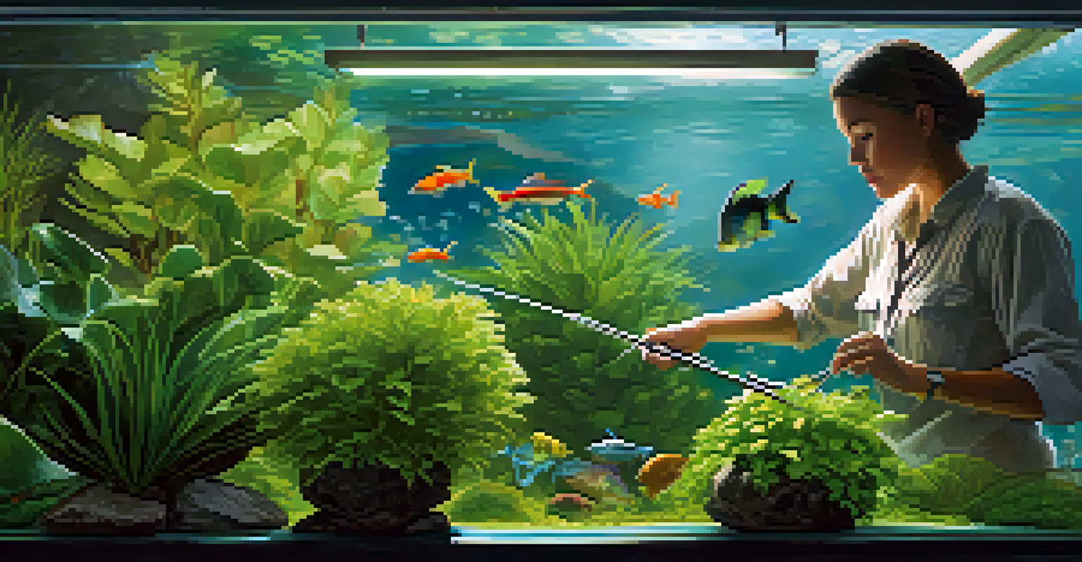 An aquarist trimming plants in a bright aquarium with colorful fish swimming nearby.