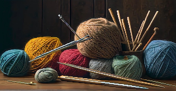 A collection of bamboo and metal knitting needles on a wooden table with colorful yarn balls, illuminated by soft light.
