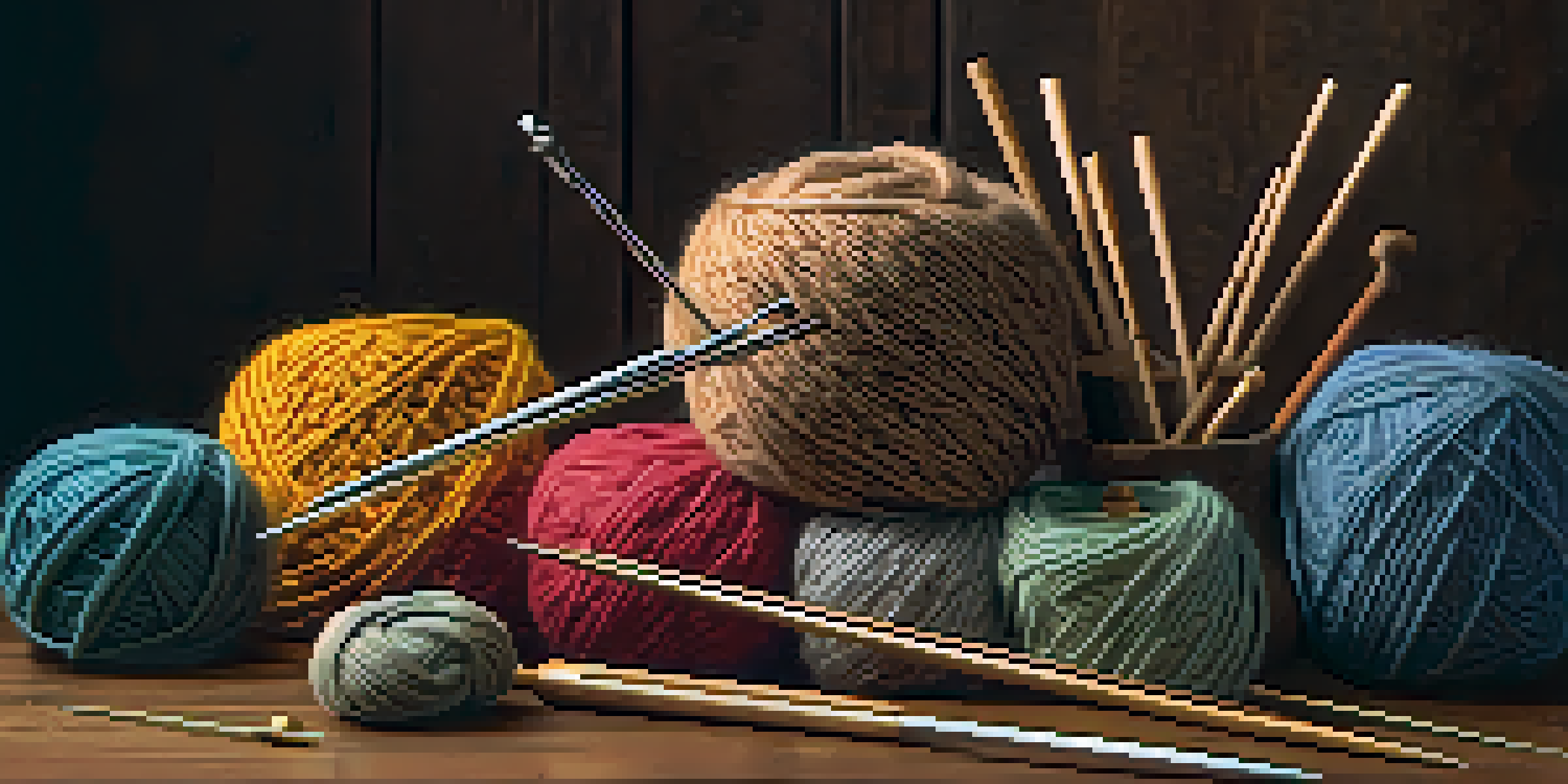 A collection of bamboo and metal knitting needles on a wooden table with colorful yarn balls, illuminated by soft light.