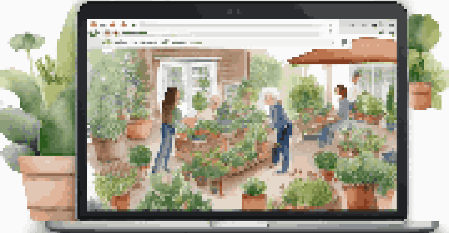 A group of diverse gardeners gathered around a laptop, discussing sustainable gardening tips from an online community in a cozy home setting.
