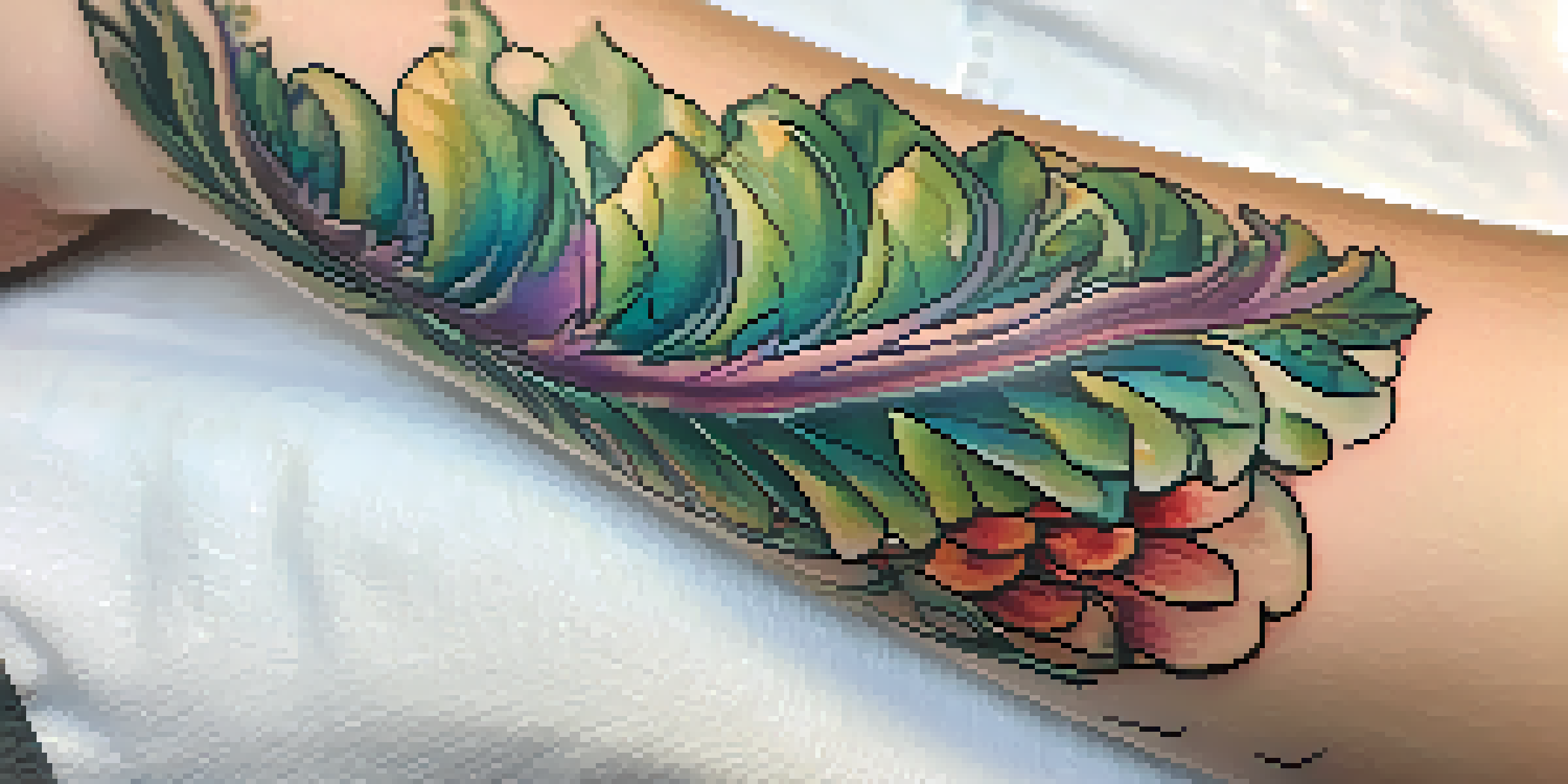 A close-up view of a fresh tattoo on an arm, highlighting its vibrant colors and details under soft natural light.