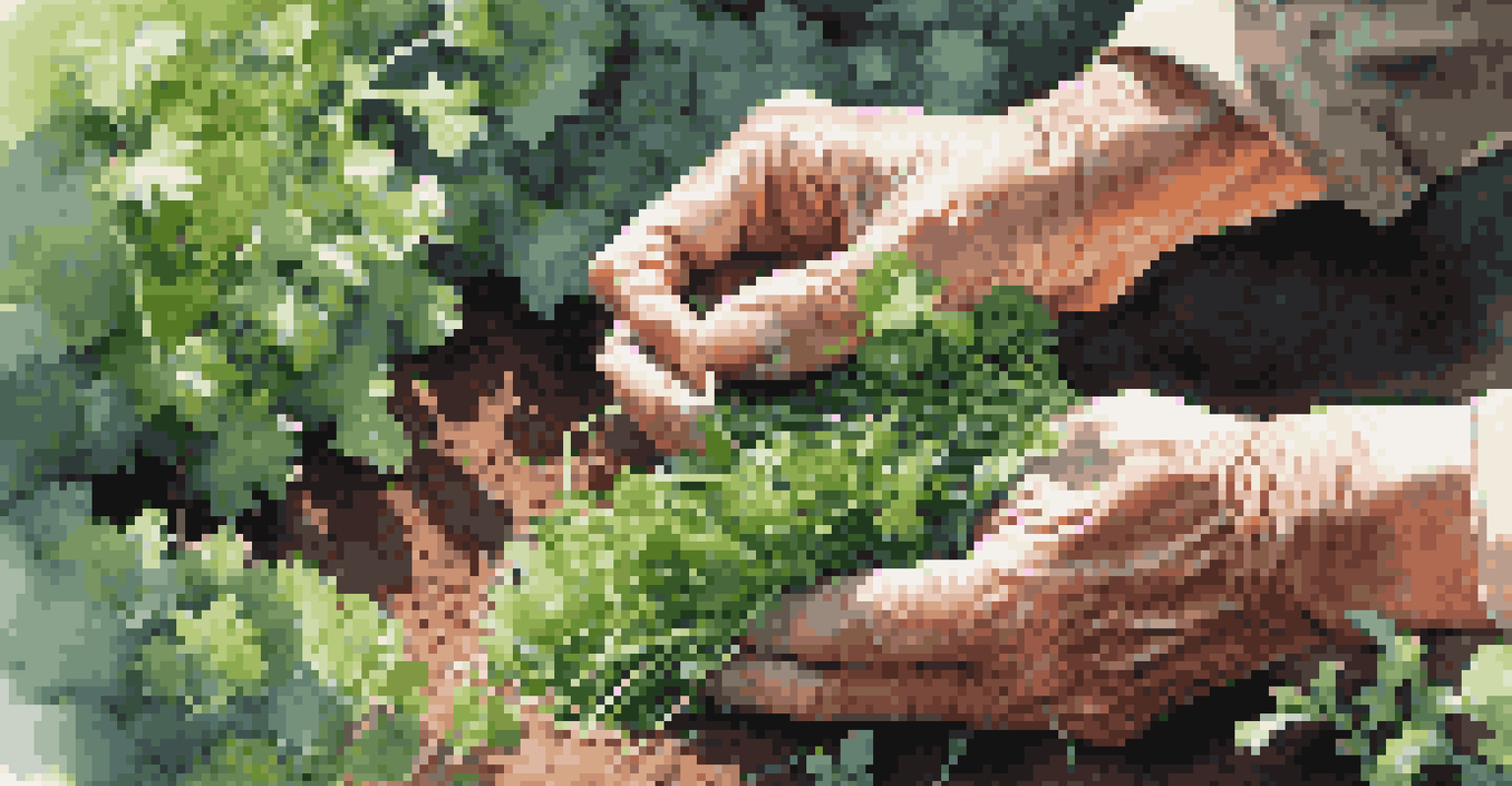 A close-up of a gardener's hands pruning parsley and chives in a shady garden, showcasing the vibrant green herbs and rich soil.