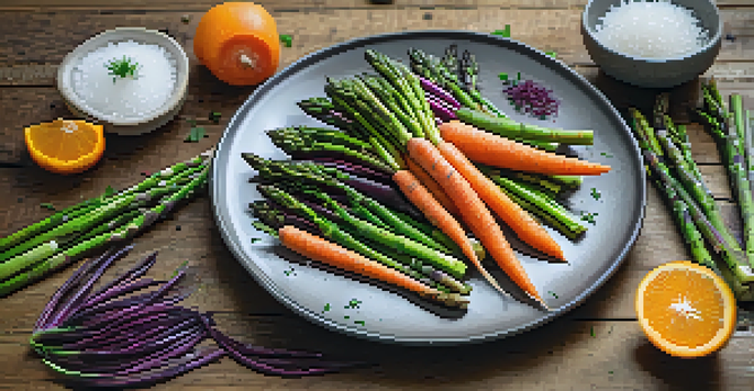 A colorful plate of sous vide vegetables including carrots, beets, and asparagus, garnished with herbs and sea salt on a wooden table.