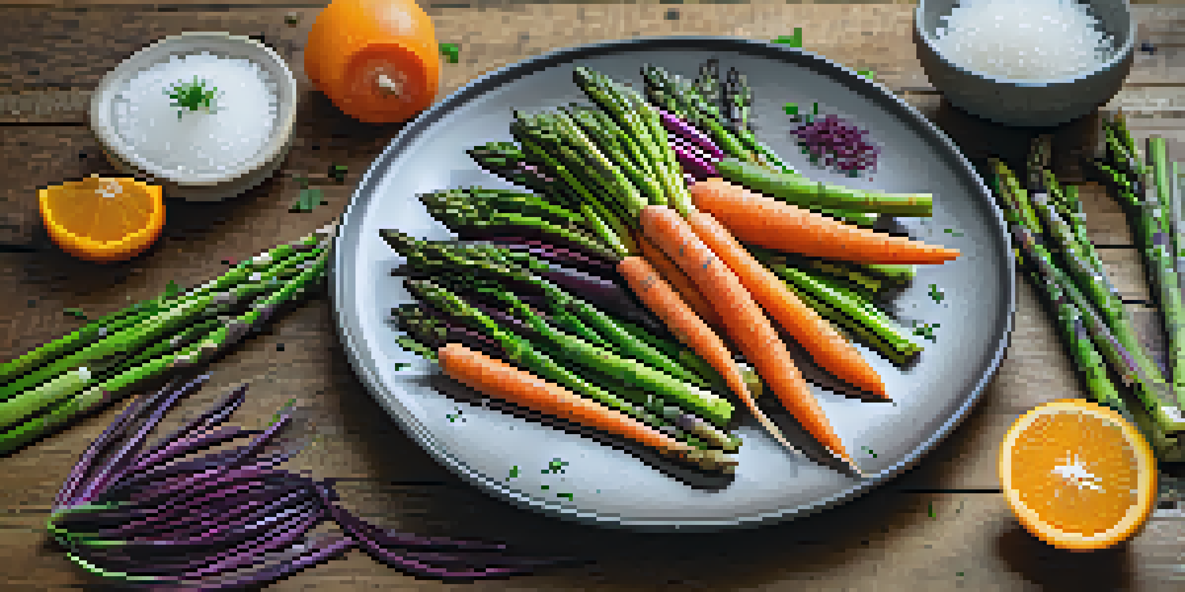 A colorful plate of sous vide vegetables including carrots, beets, and asparagus, garnished with herbs and sea salt on a wooden table.