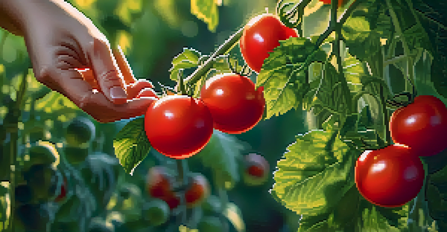 A close-up of a hand picking ripe tomatoes from a green vine in a garden.