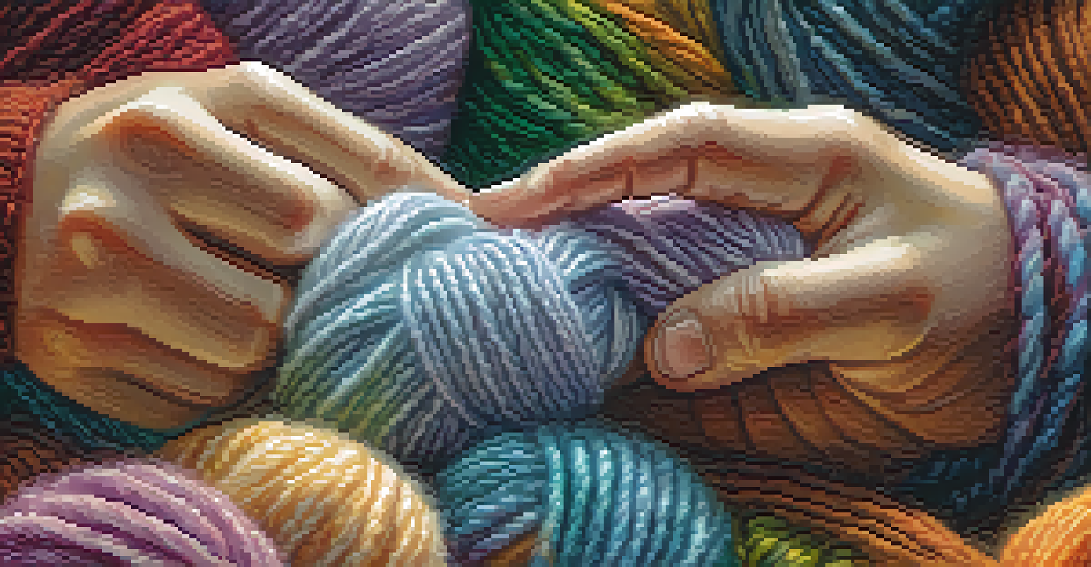 Close-up of hands blending yarns while knitting a scarf, surrounded by colorful skeins.