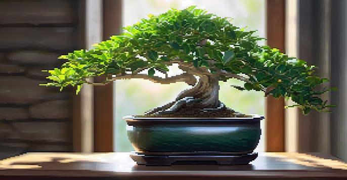 A Ficus bonsai tree in a rustic pot on a wooden table in a sunlit indoor setting.