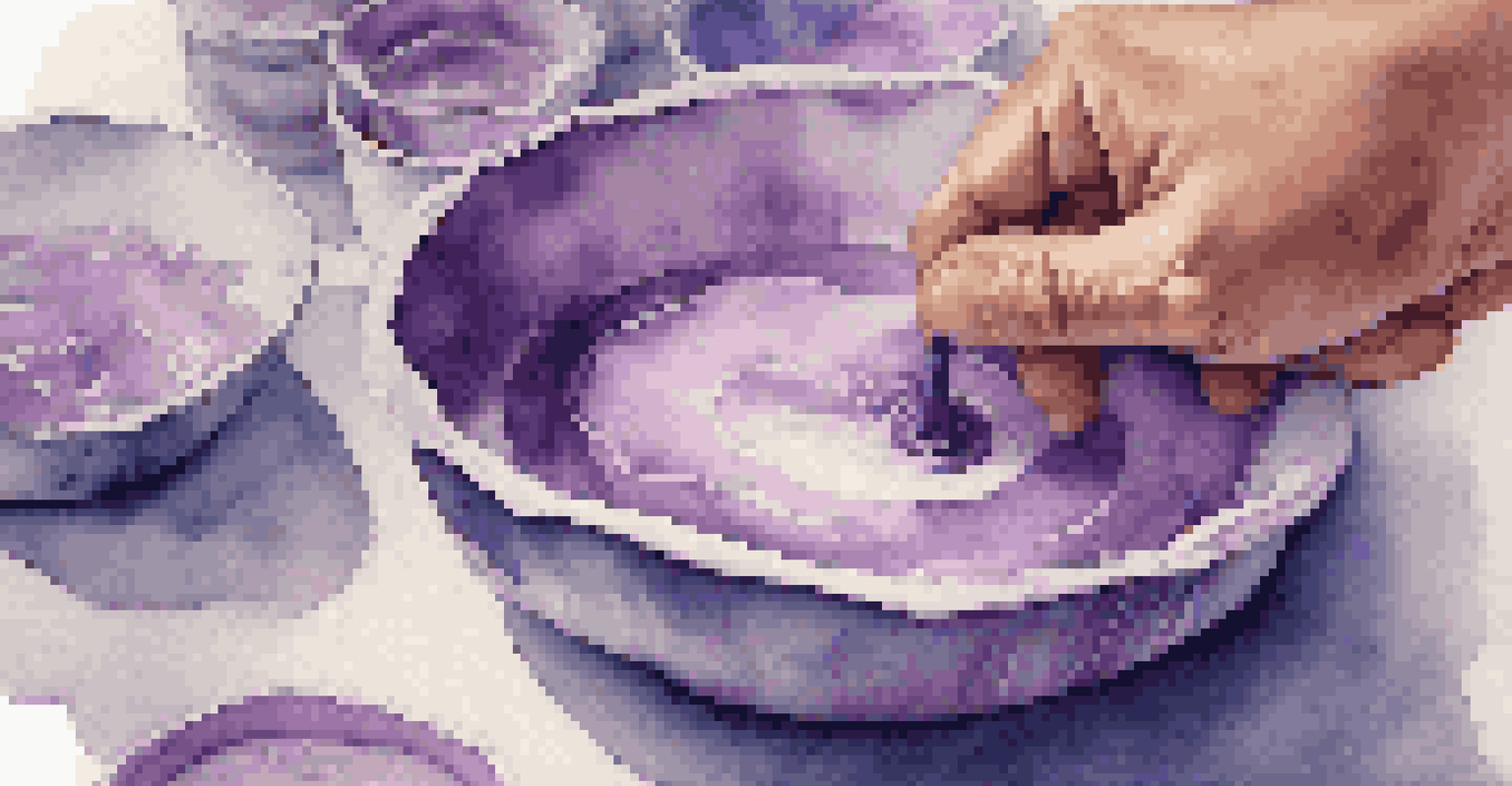 Close-up of hands pouring lavender wax into a candle mold, with tools and materials blurred in the background.