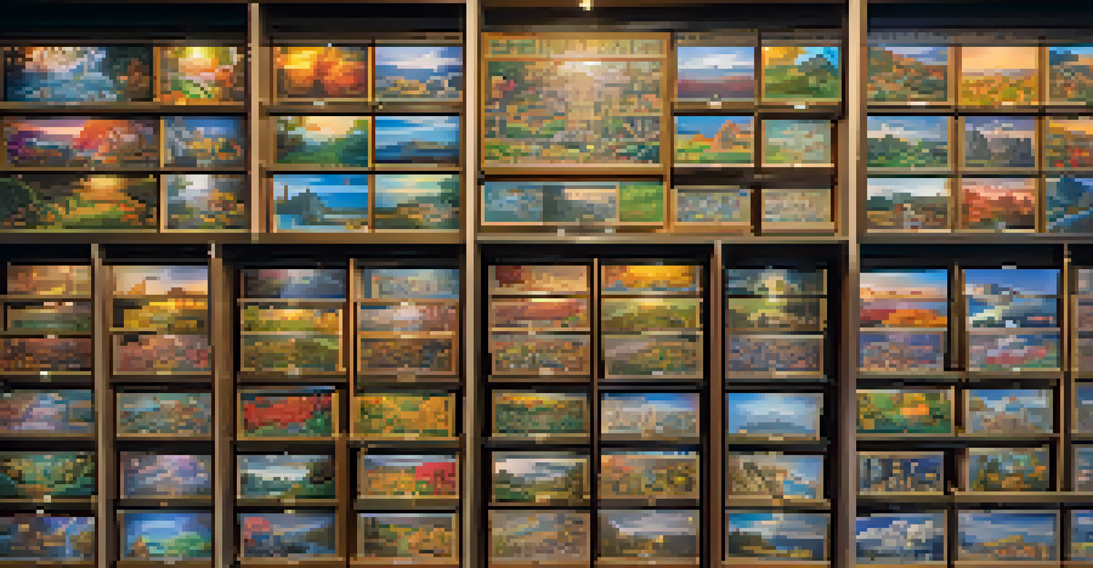 Clear display case showcasing jigsaw puzzles organized by theme, with soft LED lighting and informative labels.