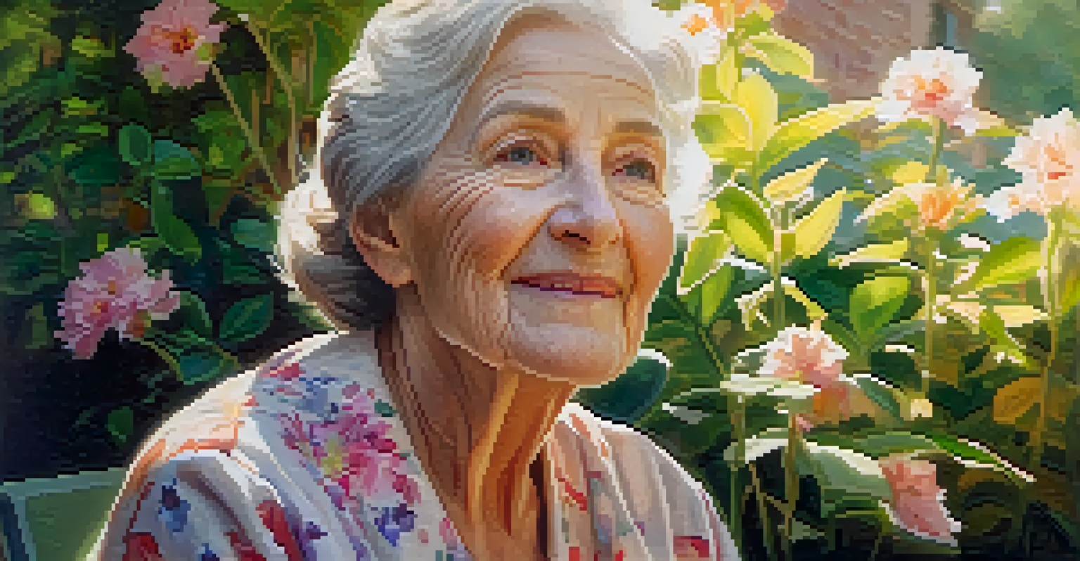 A close-up portrait of an elderly woman in a sunlit garden, softly illuminated with a blurred background of flowers.