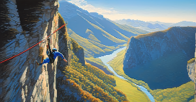 A bungee jumper in mid-air with a scenic mountainous background and a clear sky.