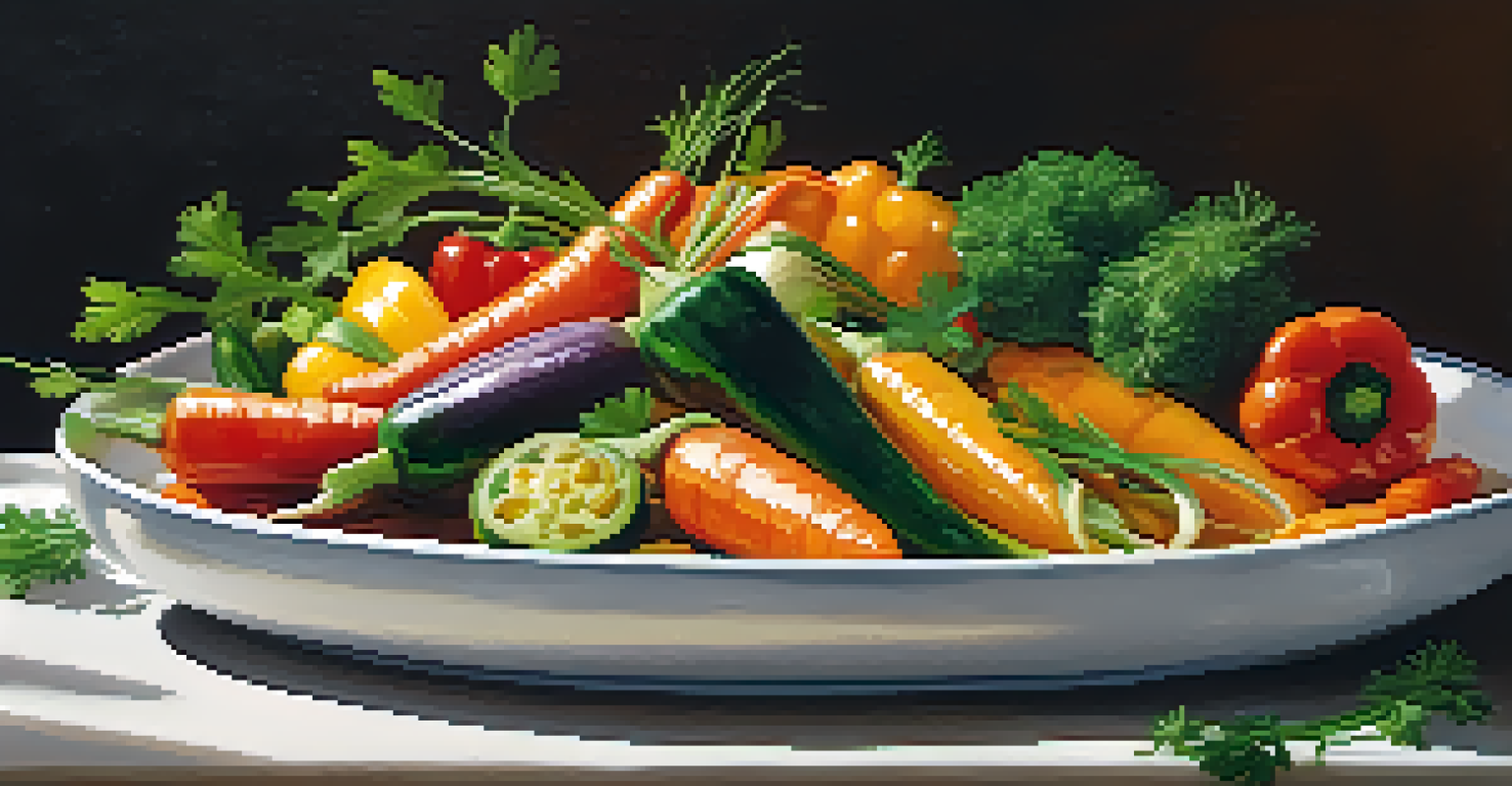 A vibrant platter of roasted vegetables including carrots, bell peppers, and zucchini, garnished with parsley on a white ceramic dish on a dark wooden table.