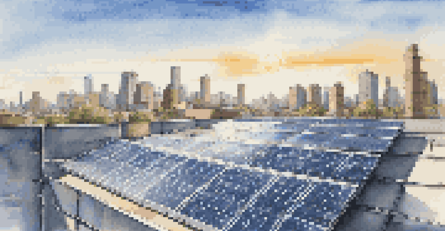 Solar panels on a rooftop under a clear blue sky, with a modern cityscape in the background, showcasing renewable energy use.