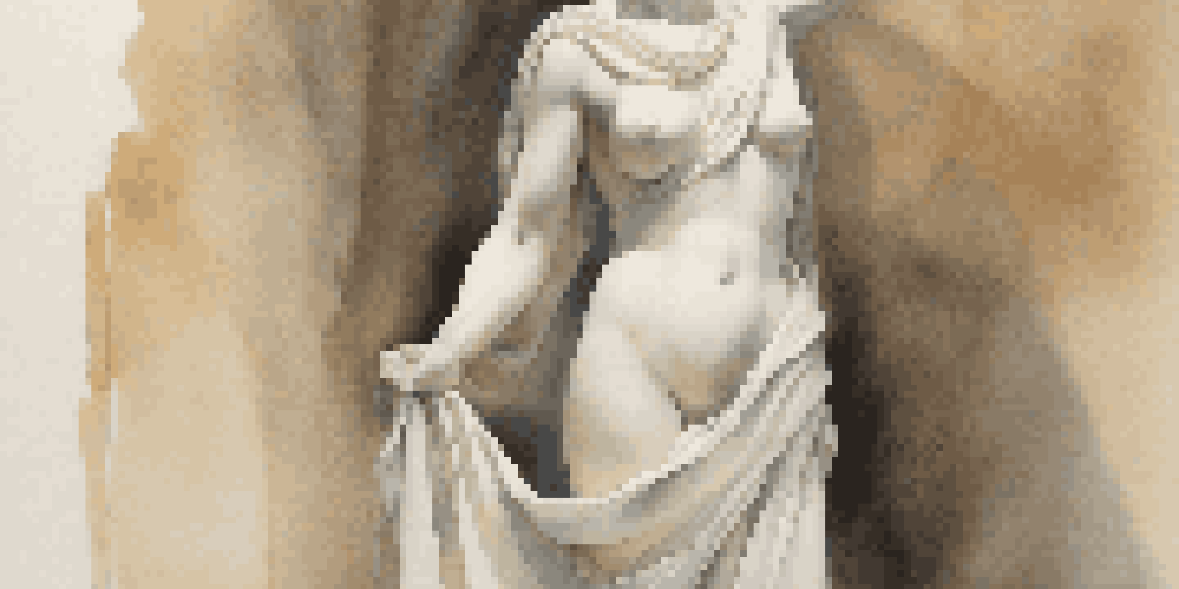 A marble sculpture of a woman in a calm pose, illuminated by soft natural light, against a pastel background.