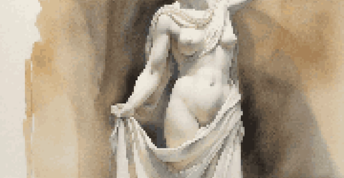A marble sculpture of a woman in a calm pose, illuminated by soft natural light, against a pastel background.