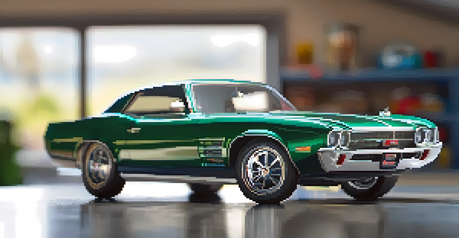 A close-up of a glossy 1:24 scale car model in a blurred garage background, with details highlighted by natural light.