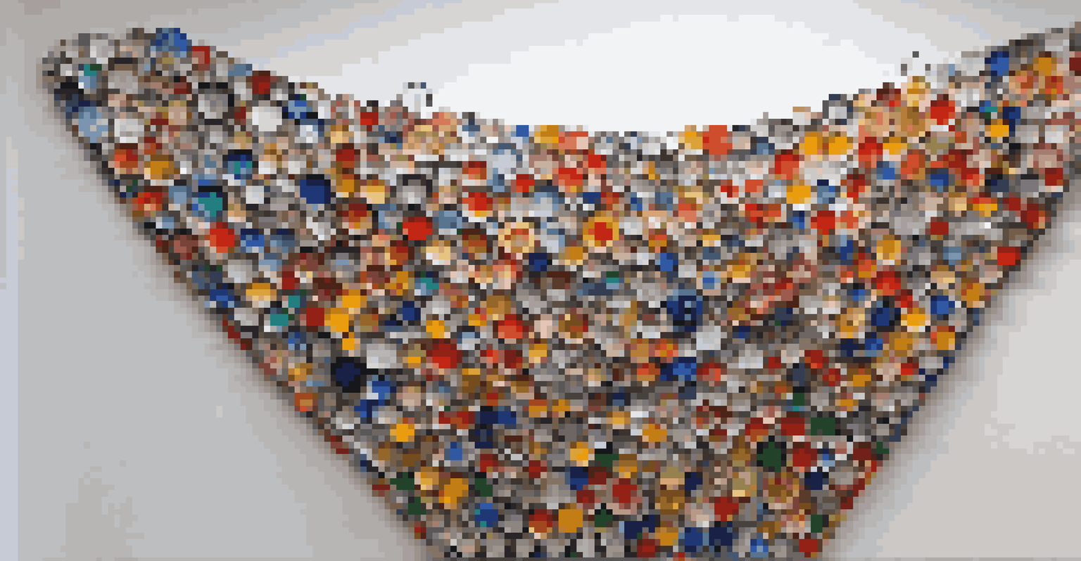 A large abstract sculpture made from recycled materials, vibrant and colorful, set against a white background with soft lighting.