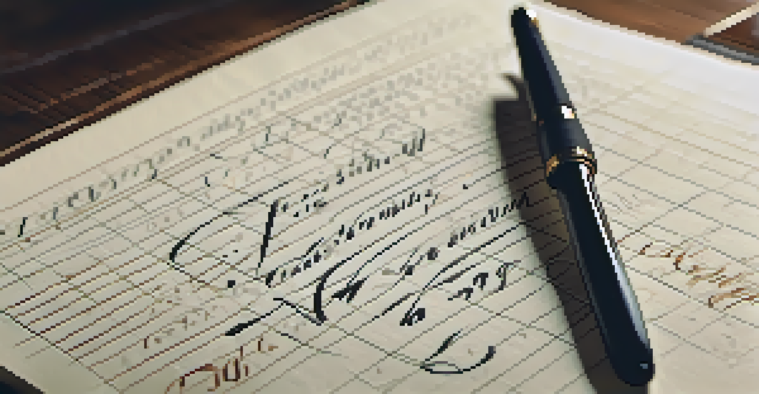 An open calligraphy journal showing practice strokes of Copperplate calligraphy on a wooden table.