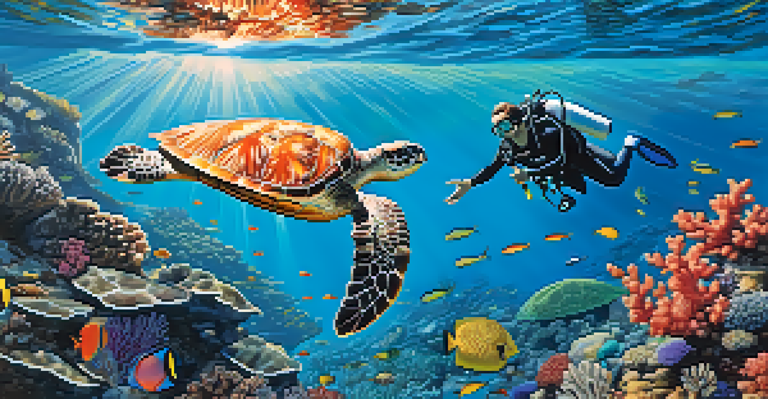 A diver exploring a coral reef, with bright corals and a sea turtle swimming nearby, illuminated by sunlight.