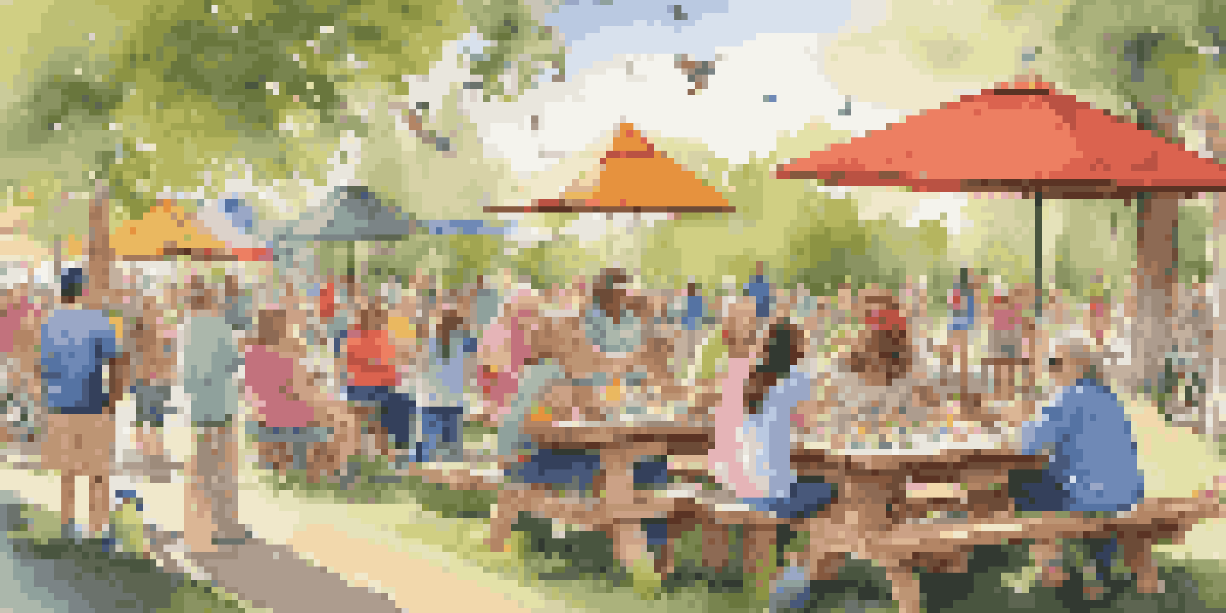 A lively park scene with people of all ages crafting birdhouses, surrounded by colorful materials and a bright sunny sky.