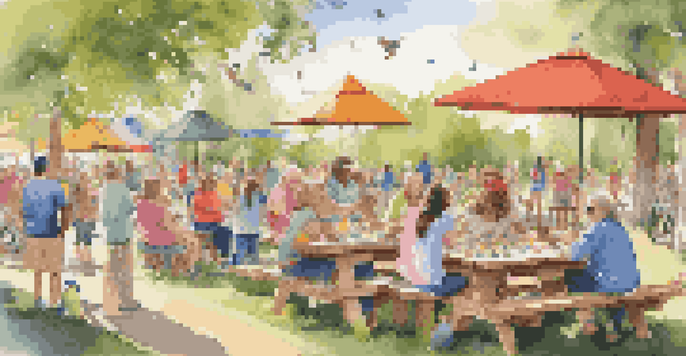 A lively park scene with people of all ages crafting birdhouses, surrounded by colorful materials and a bright sunny sky.