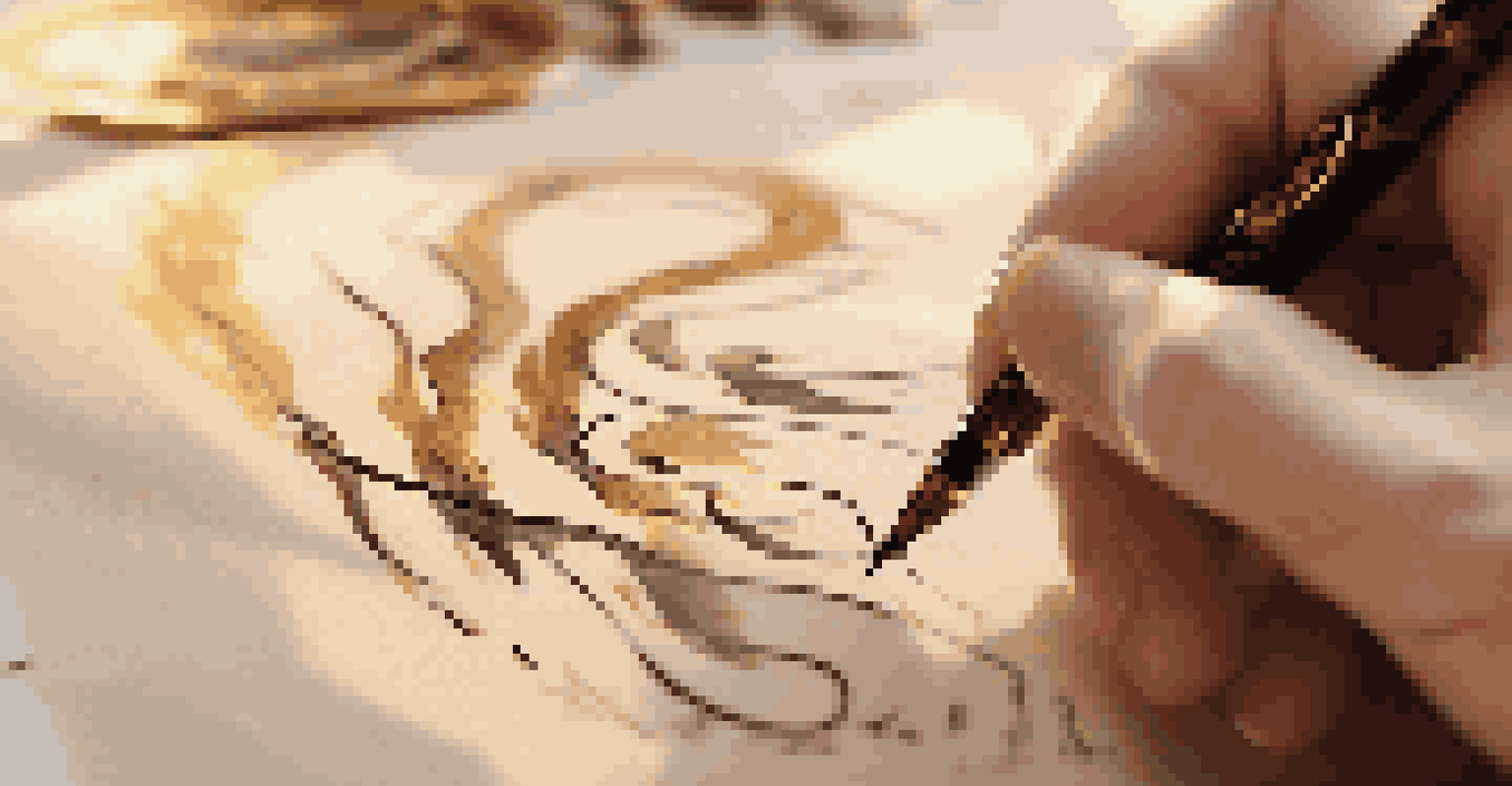 A close-up of a hand using a calligraphy pen on parchment, with detailed strokes highlighted in warm golden light.