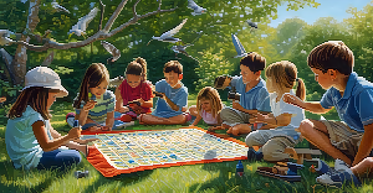 Kids playing bird bingo in the backyard, marking off bird species they spot while enjoying the sunny day.