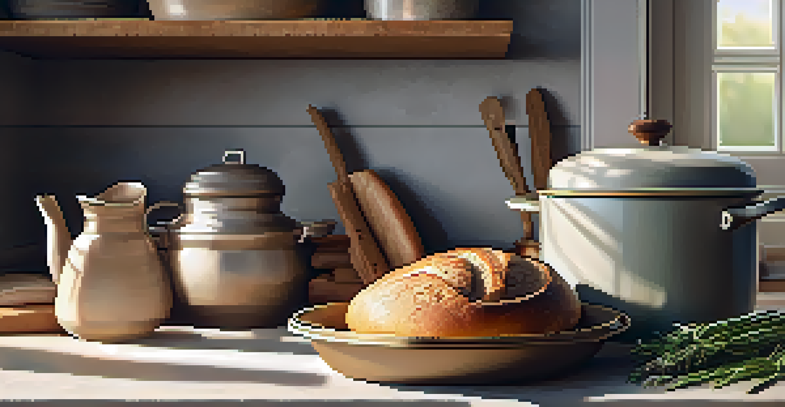A cozy kitchen with a Dutch oven containing freshly baked no-knead bread, surrounded by a warm atmosphere and sunlight streaming through a window.