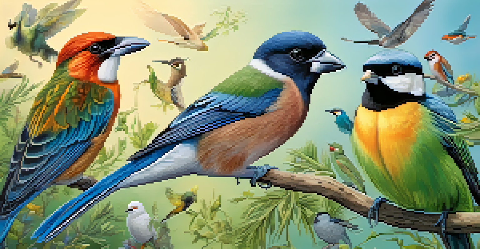 A circular layout of various colorful bird species native to North America against a soft gradient background.