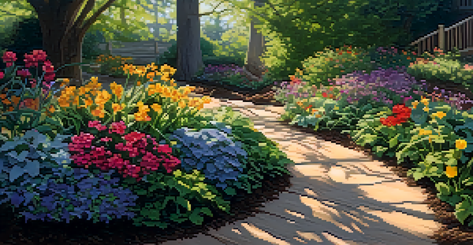 A vibrant garden with colorful flowers and a thick layer of organic mulch, illuminated by sunlight filtering through tree leaves.