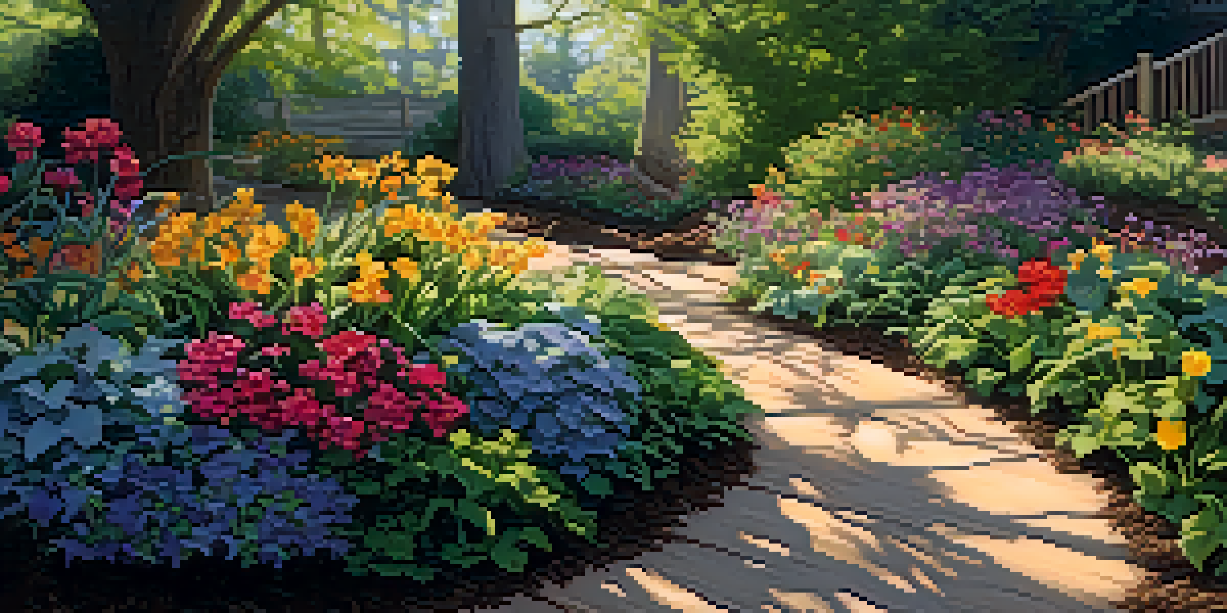 A vibrant garden with colorful flowers and a thick layer of organic mulch, illuminated by sunlight filtering through tree leaves.