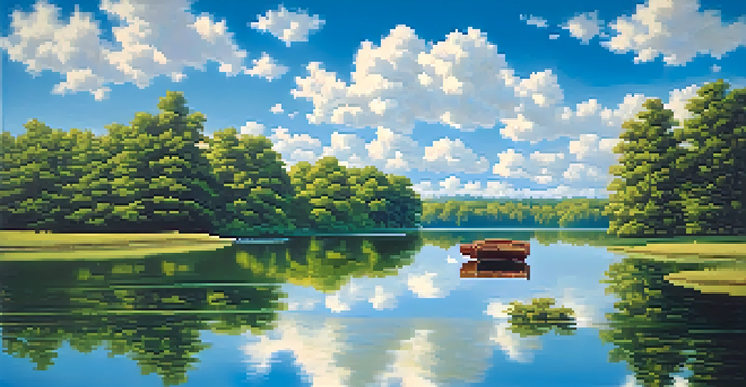 A peaceful lake surrounded by greenery and a clear blue sky, with a small boat on the water.