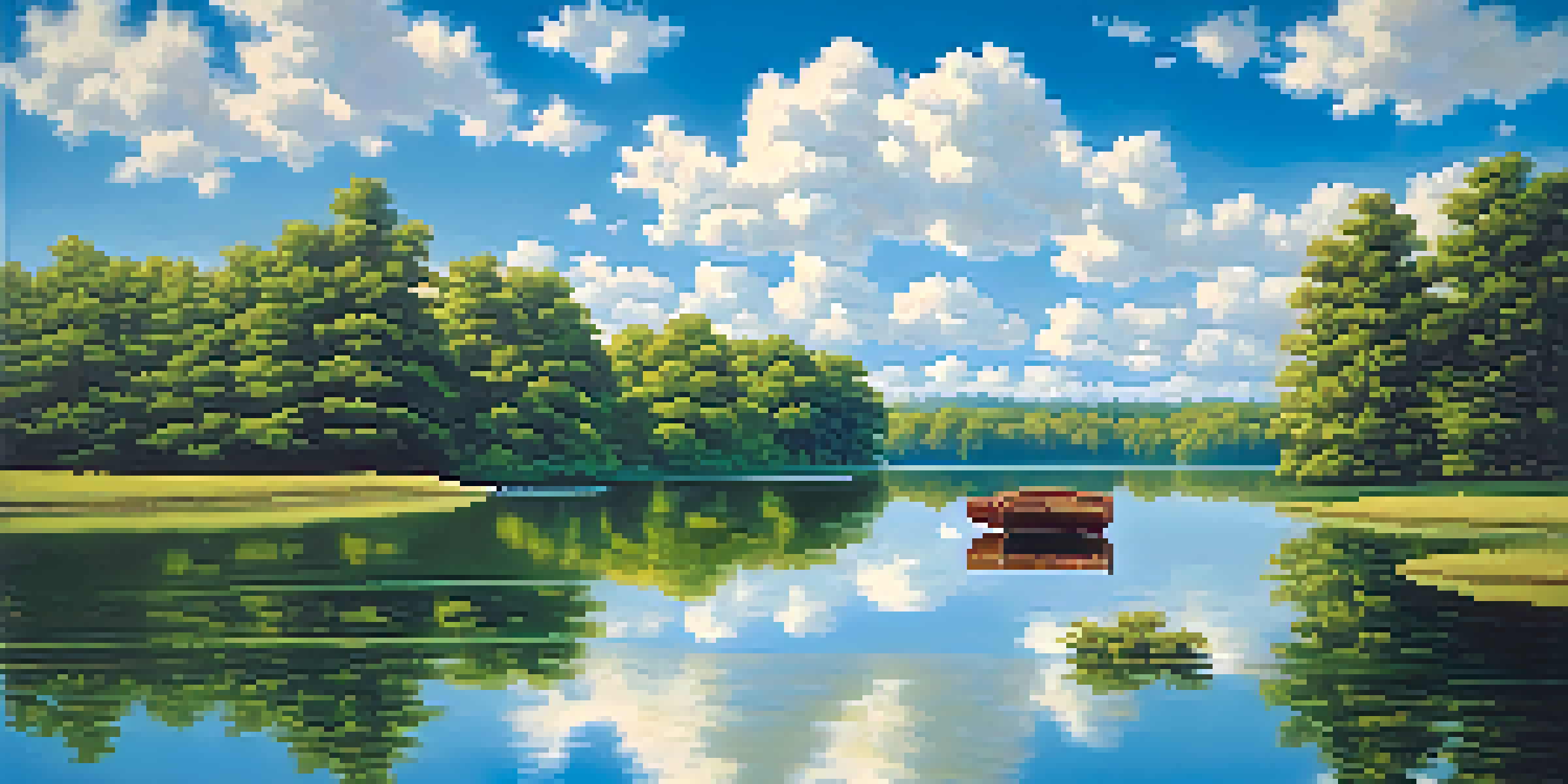 A peaceful lake surrounded by greenery and a clear blue sky, with a small boat on the water.