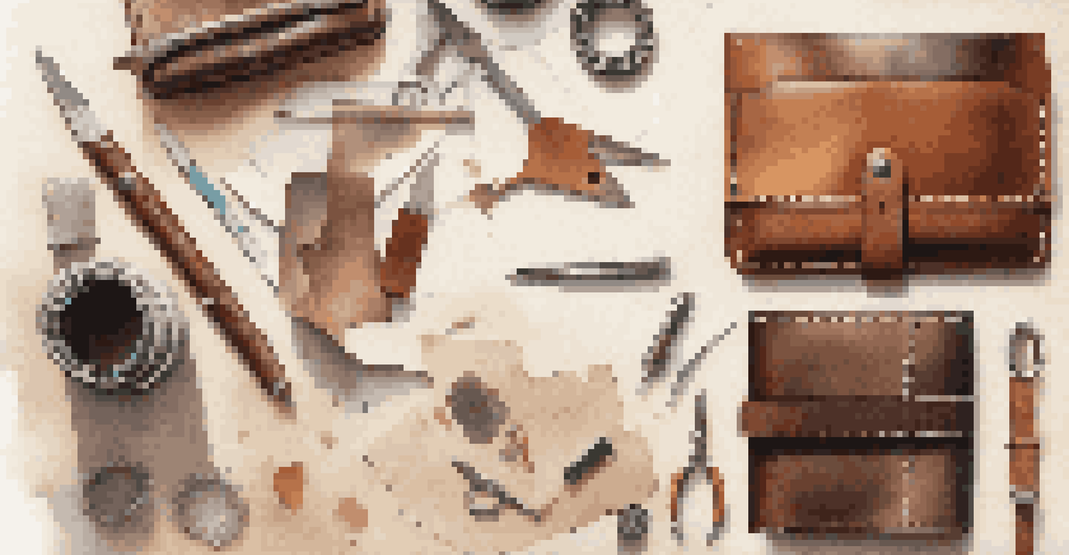 An overhead view of a crafting workspace featuring a leather wallet project, tools, and instructions on a cutting mat in soft natural light.