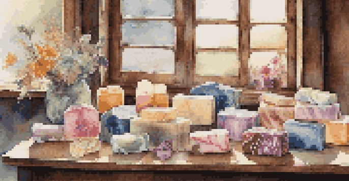 An assortment of colorful handmade soaps displayed on a wooden table, featuring different shapes and floral designs, with soft natural lighting.
